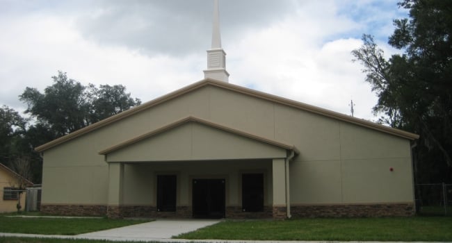 steel church with stucco finish