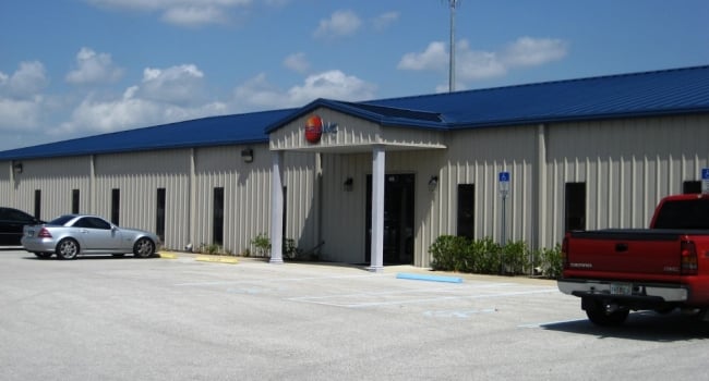 metal office building with covered entry