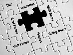 Puzzle with pieces labeled as metal building components with center puzzle piece missing.