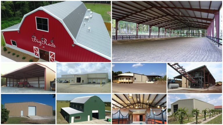 Metal barns, riding arenas, and agricultural buildings photo gallery collage.